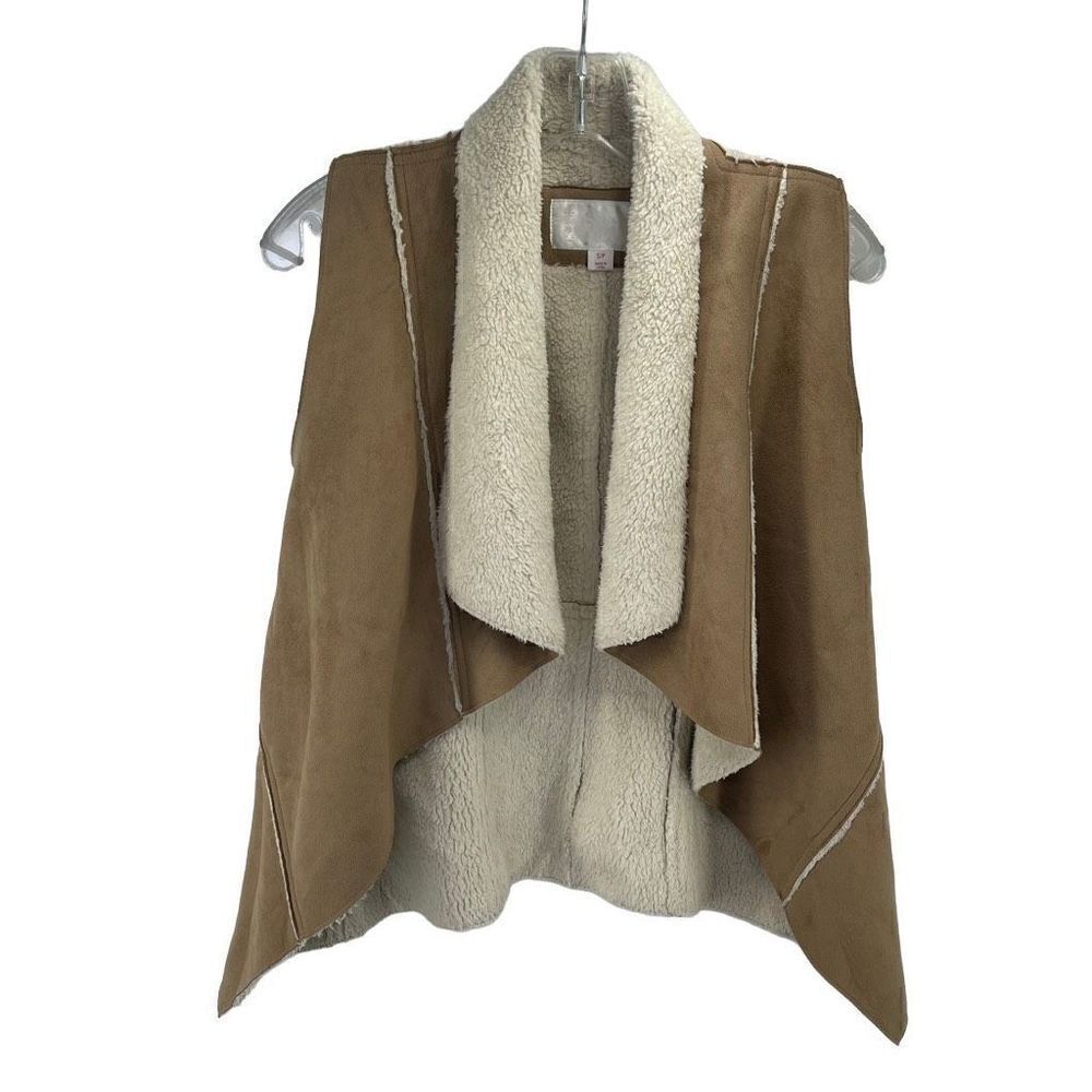 Xhilaration Women's Faux Fur Trim Open Front Suede Vest Tan Size Small Petite